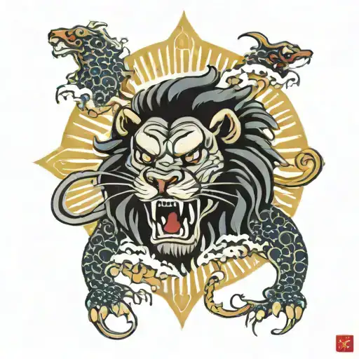 roaring sun devouring lion head tattoo design idea