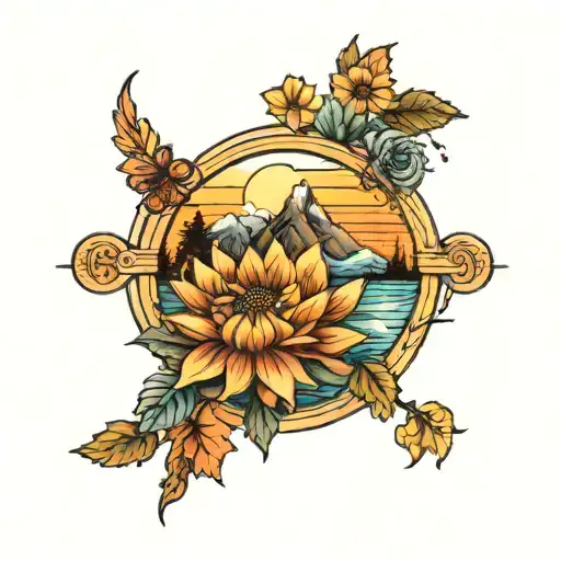 mountains with evergreens, water with a shoreline, sunset, compass, dahlia, sunflower tattoo design idea