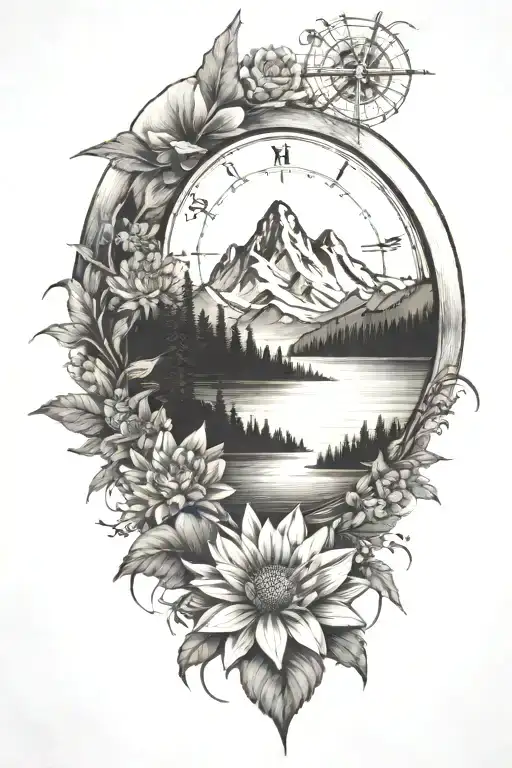 half sleeve with mountains with evergreens, water with a shoreline, sunset, compass, dahlia, sunflower tattoo design idea