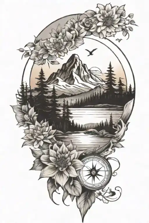 half sleeve with mountains with evergreens, water with a shoreline, sunset, compass, dahlia, sunflower tattoo design idea