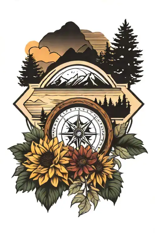 mountains, evergreen, water, sunset, compass, dahlia, sunflower tattoo design idea