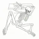 skeleton lying down with head propped up by left hand with a book in the right hand help at eye level.  tattoo design idea