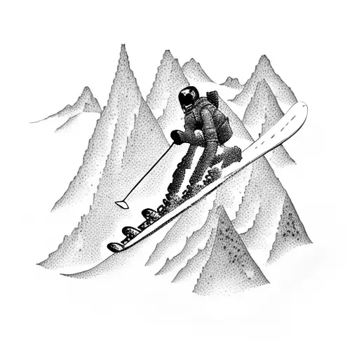 A dotwork tattoo featuring a person skiing down a mountain, with equations and formulas integrated into the snowy landscape, capturing the client's love for both outdoor activities and academic pursuits. tattoo design idea