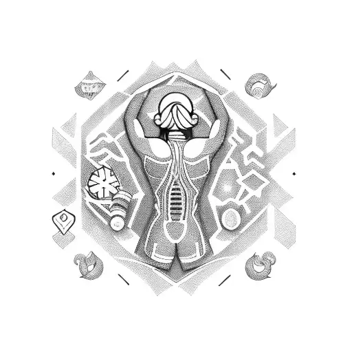 An intricate blackwork design of a person engaged in various sports activities, surrounded by symbols of continuous learning. tattoo design idea