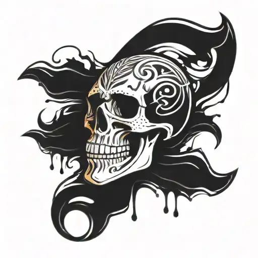 A stylized blackwork tattoo of a skull with the text 'Aham, yes. jon' forming the shape of the skull tattoo design idea