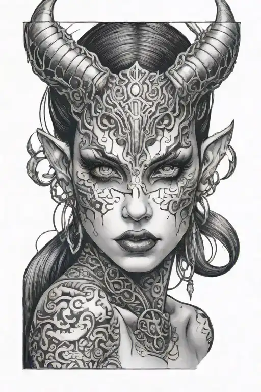 demon girl face blank eyes tattoo design idea