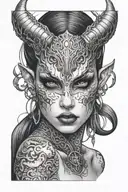 demon girl face blank eyes tattoo design idea