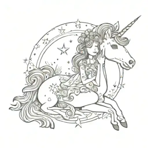 dreamer girl whith unicorn surrounded tattoo design idea