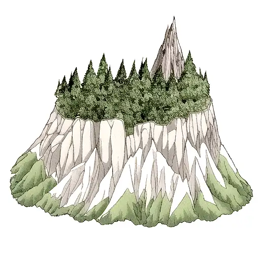 Mountain peak surrounded by trees tattoo design idea