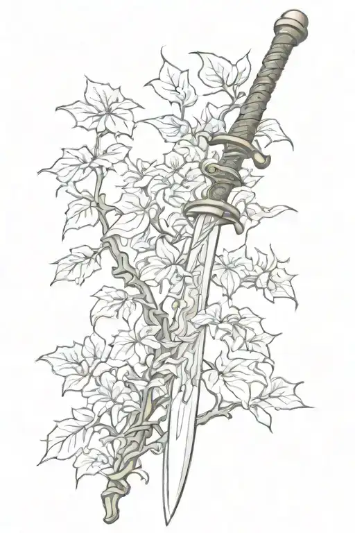Samurai sword wrapped in ivy vines growing tattoo design idea