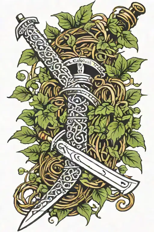 Samurai sword wrapped in ivy vines growing tattoo design idea