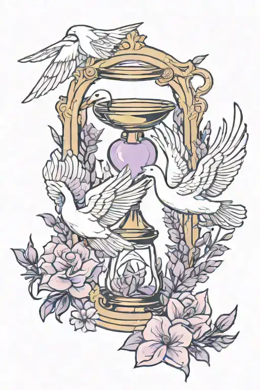 swans, lavender, hour glass, and doves flying tattoo design idea