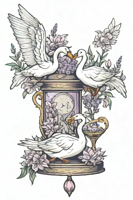 swans swimming, lavender field, hour glass and dove flying tattoo design idea