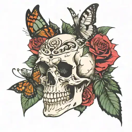 Skull, butterflies, roses, and serpents tattoo design idea