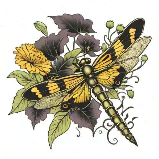 dragonfly and marigolds morning glory's cosmos tattoo design idea