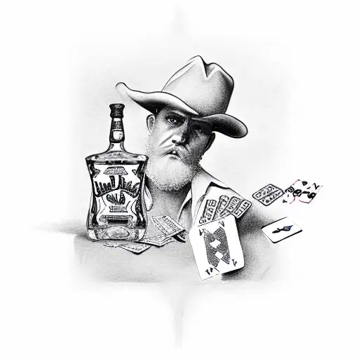 Christian Cross, bottle of Jack Daniels, cowboy hat, playing cards tattoo design idea