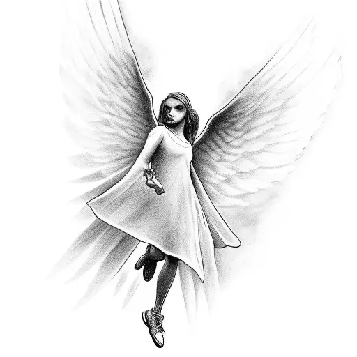 angel falling out of the clouds, with a dove flying tattoo design idea
