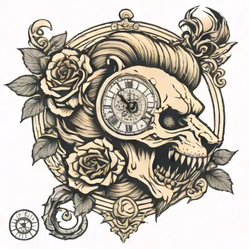 lion skull rose clock tattoo design idea
