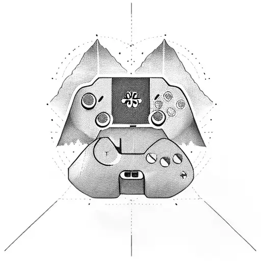 A blackwork tattoo of a gaming controller surrounded by mountains and a night sky tattoo design idea