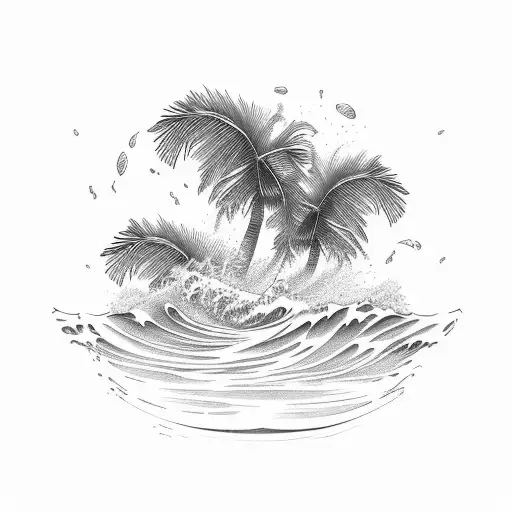 An intricately detailed wave crashing against a palm tree, symbolizing the power and beauty of the ocean tattoo design idea
