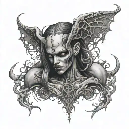 A sensual demonic figure with sensual features, representing the duality of pleasure and pain. s&m tattoo design idea