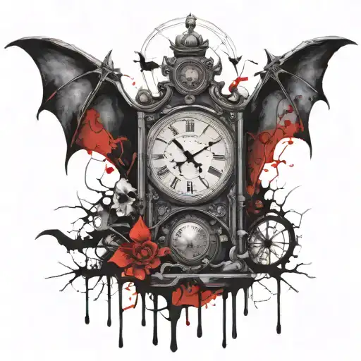 grave stone, bat, time clock tattoo design idea