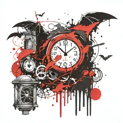 time clock, melting smiley face, grave stone, flying bat, minimal tattoo design idea