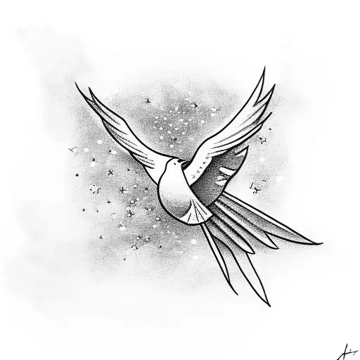 dove with stars in the sky with baby and a halo tattoo design idea