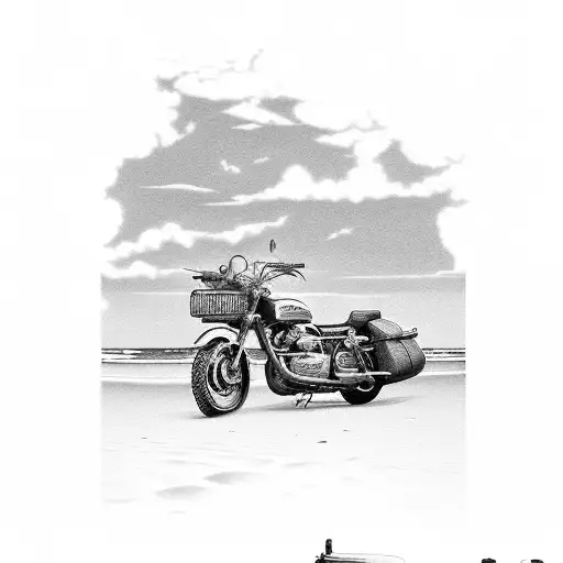 A black and grey tattoo of a serene beach landscape with a motorcycle parked nearby tattoo design idea