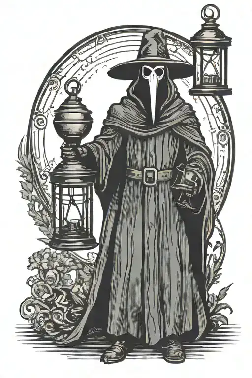 black plague doctor with lantern tattoo design idea