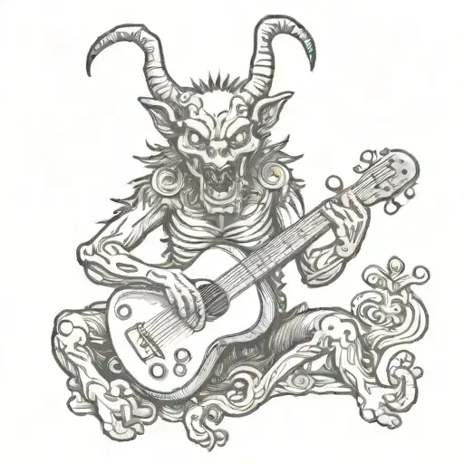 happy demon creature playing musical instruments long face tattoo design idea
