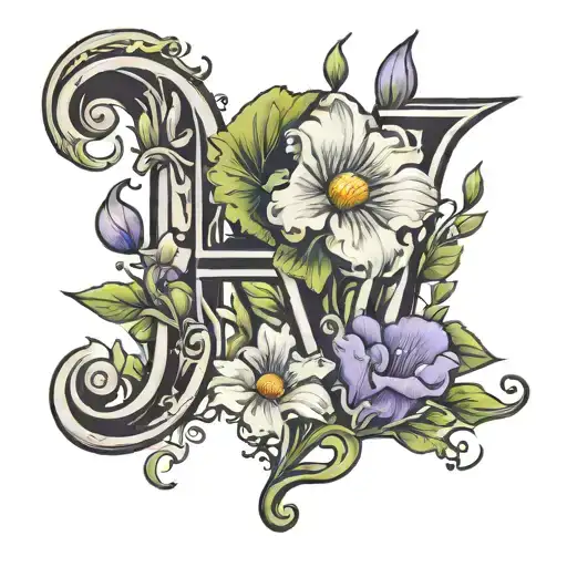 Letter H and G with Sweet Pea Flower and Daisy flower tattoo design idea