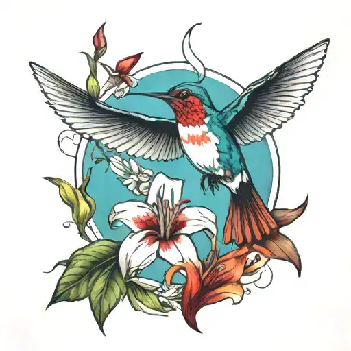 humming bird with cardinal flying around a lily  tattoo design idea