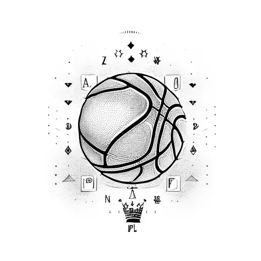 A basketball with a crown and the initials NZP and JEP engraved on it tattoo design idea