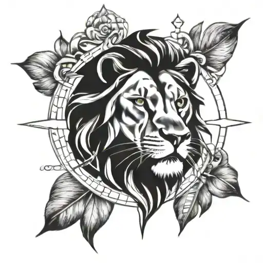 lion head compass rose intertwined tattoo design idea
