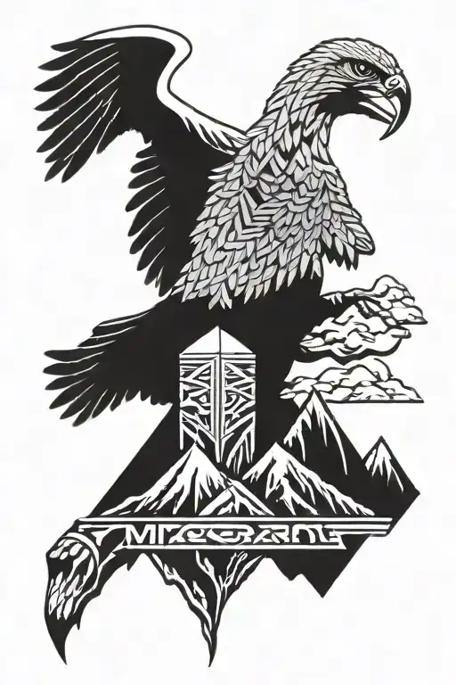 Mountains, sheep head, phrase 'merci fer alls' , root , eagle tattoo design idea