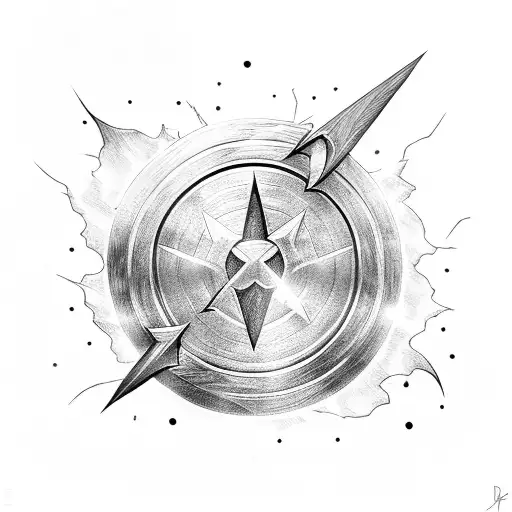 Mjolnir and Captain America's shield crossing each other with lightning bolts in the background tattoo design idea