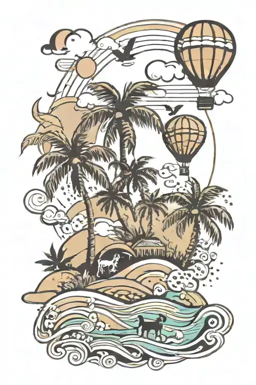 beach scene with palm trees and waves, dog paw print, hot air ballon tattoo design idea