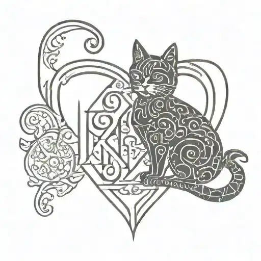heart and cat with initials J and P intertwined tattoo design idea