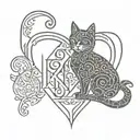 heart and cat with initials J and P intertwined tattoo design idea
