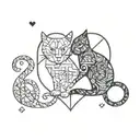 heart and cat with initials J and P intertwined tattoo design idea