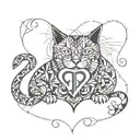 heart and cat with initials J and P intertwined tattoo design idea