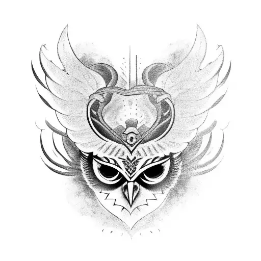 demon wearing a headdress which is an owl with wings spread, holding in his left hand a smiling mask and in his right ha tattoo design idea