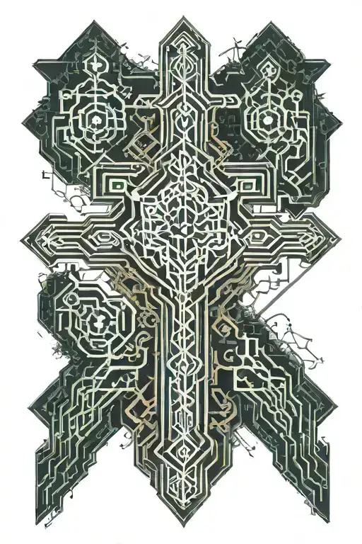 upside down cross and forest tattoo design idea