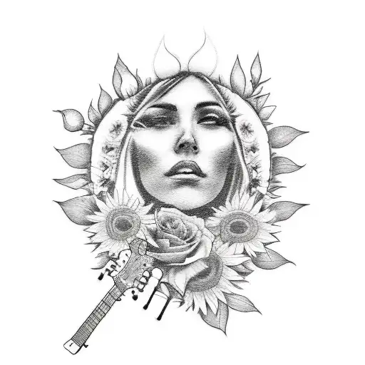 A sketch style tattoo of a person playing a guitar surrounded by sunflowers and roses, reflecting your love for music and nature, and your dedication to helping people in need tattoo design idea
