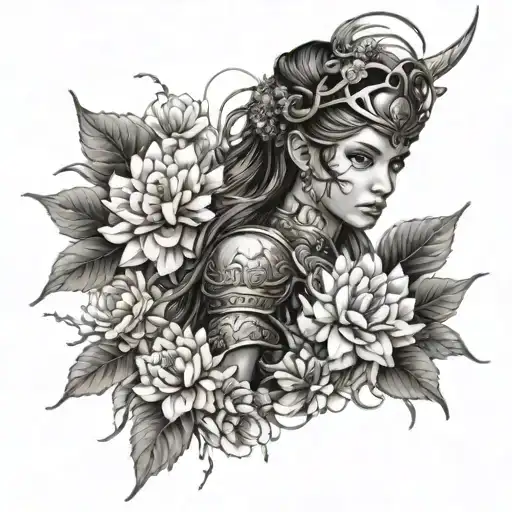 warrior princess surrounded by flowers blooming tattoo design idea
