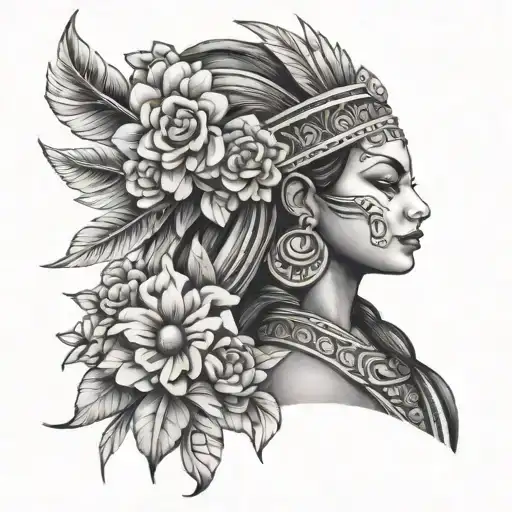 aztec princess surrounded by flowers tattoo design idea