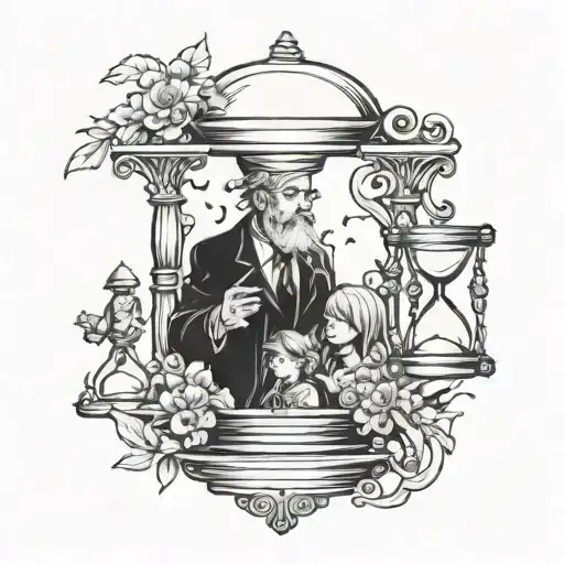 hourglass running out with dad holding daughter and sons hand tattoo design idea