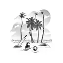 A beach scene with palm trees and waves, with a dog playing hockey and a football floating in the air tattoo design idea