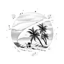 A beach scene with palm trees and waves, with a dog playing hockey and a football floating in the air tattoo design idea